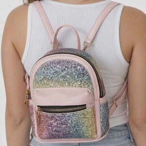 Mini Backpack Bag Rainbow Glitter Purse Tote Pink Trim KIDS WOMEN'S WOMAN'S